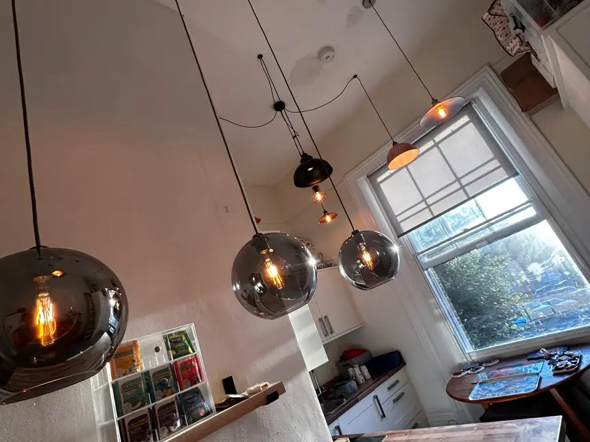 Pendant lighting fitted in a cafe