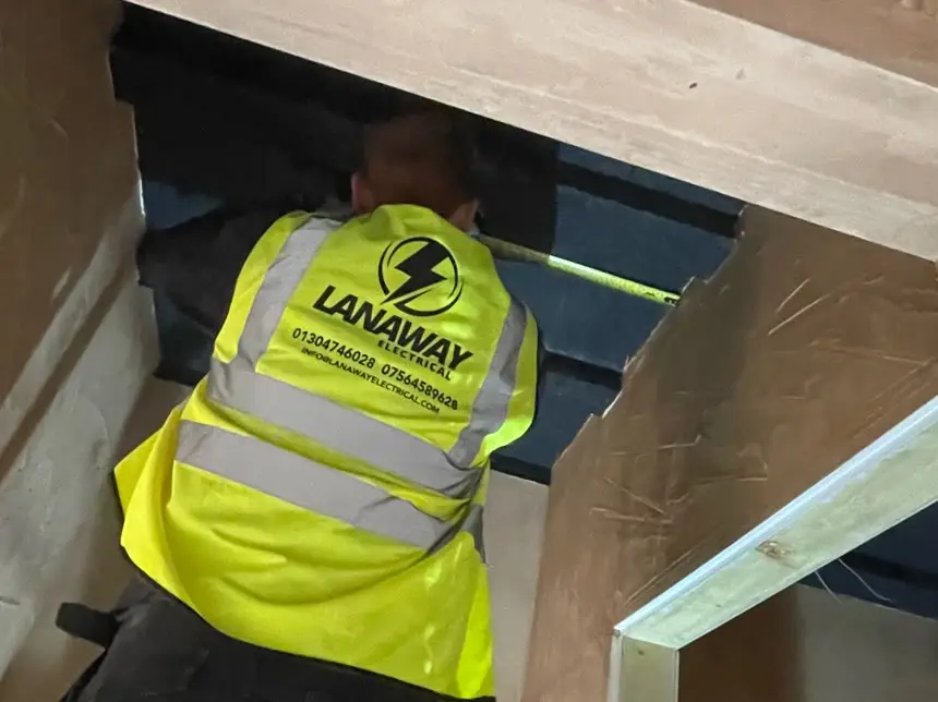 Lanaway electrician working on first fix wiring in a loft
